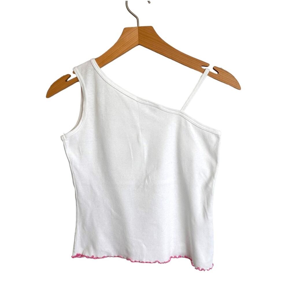 Vintage Tank Top One Shoulder Asymmetric White Pink Cotton Boho Cottage  S